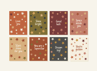 Set of square cards featuring crayon stars and motivational greeting phrases, designed in a cute, simple doodle style with chalk-textured starry cosmos, space, constellations, and twinkling elements