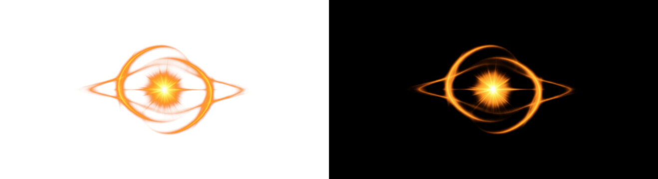 Glowing orange atomic symbol or futuristic energy source with orbital rings and a bright central flare, presented as an isolated graphic on black and white backgrounds