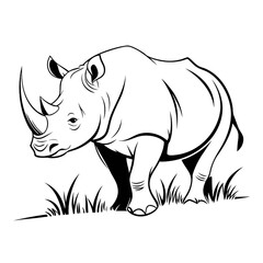 Fototapeta premium Powerful Rhinoceros Outline Vector Illustration with Detailed Horn and Grass - Ideal for Wildlife Conservation Themes, Safari Logos, and Animal Graphics