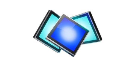 Three square shapes with neon light isolated on white background, 3d rendering