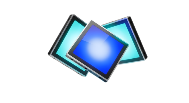 Three square shapes with neon light isolated on white background, 3d rendering