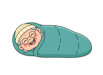 A newborn infant wrapped in a blanket, sleeping with a pacifier in his mouth, illustrated as a flat vector image on a white background