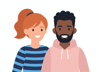 Fototapeta premium A flat vector illustration of a biracial couple—a young man and woman smiling happily—depicted as a wife and husband of different races against a white background