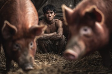 The prodigal son, unhappy and hungry, herds pigs.
