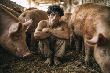 The prodigal son, unhappy and hungry, herds pigs.