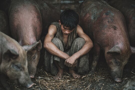 The prodigal son, unhappy and hungry, herds pigs.