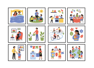 Fototapeta premium Illustrations depict joyful Black families, couples, and children enjoying leisure moments on holidays and weekends, presented as flat vector graphics on a white background