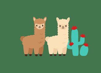 Fototapeta premium A pair of adorable llamas stands alone on a white backdrop, depicted in a vibrant flat cartoon vector style, with two charming wild South American creatures posing together amid cacti