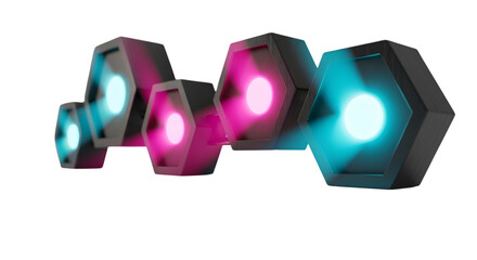 Hexagonal light with pink and blue neon glow isolated on white background