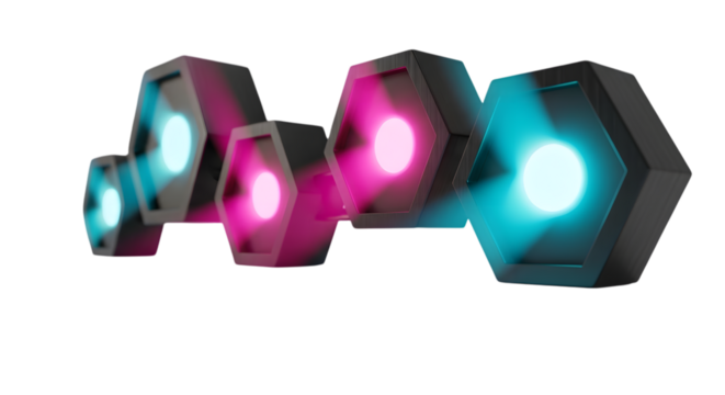 Hexagonal light with pink and blue neon glow isolated on white background