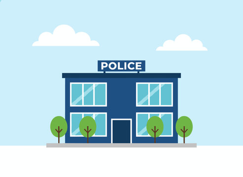 Contemporary low-rise police station front view illustrated in vibrant flat style