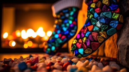 Obraz premium Christmas stocking socks . Christmas Stocking with colorful candies in front of the fireplace. Christmas background. Merry Christmas. Christmas Concept with Copy Space. Christmas Stocking Concept