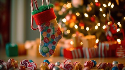 Christmas stocking socks . Christmas Stocking with colorful candies in front of the fireplace. Christmas background. Merry Christmas. Christmas Concept with Copy Space. Christmas Stocking Concept