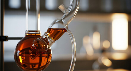 Close-up of a chemical reaction in a round-bottom flask inside a modern science laboratory