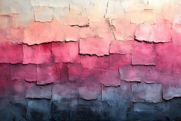 Abstract painting with textured blocks in a gradient of pink, peach, and gray