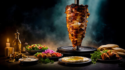 A table with a variety of foods including a large shish kabob a salad and a sauce all set against a dramatic background with smoke and candlelight