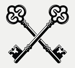 Two Ornate Black Keys Crossed on a Light Gray Background antique vintage