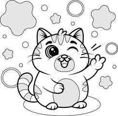Winking Cat Waving Line Art, coloring page