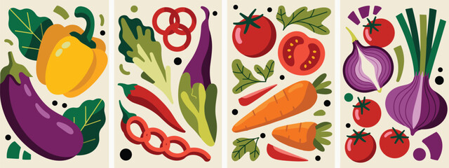 Vibrant Assortment of Fresh Vegetables in Four Panels Keywords: vegetables, fresh, healthy, food, produce, eggplant, bell pepper, chili pepper