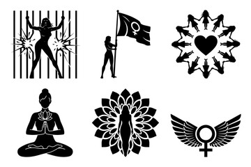 Women human rights gender equality collection of women empowerment icons, representing strength, freedom, and resilience