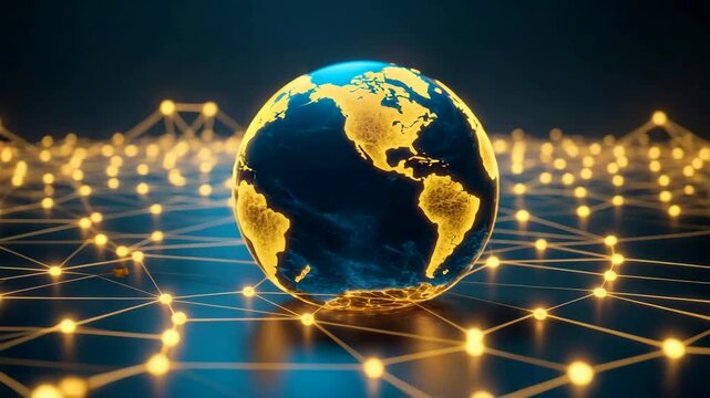 Digital globe with glowing network connections representing global communication on dark background