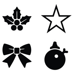 Christmas Icon Set Holly Leaves, Star Outline, Bow, and Ornament Vector Illustration