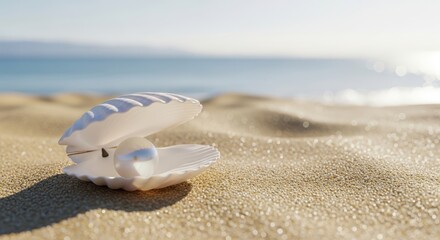A single pearl nestled inside an open oyster shell on a sandy beach, with the gentle waves of the ocean in the background under soft sunlight