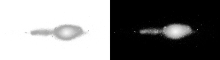 Monochrome abstract set of a cosmic nebula or galaxy shape with stardust particles, shown in both positive and negative versions on black and white isolated backgrounds