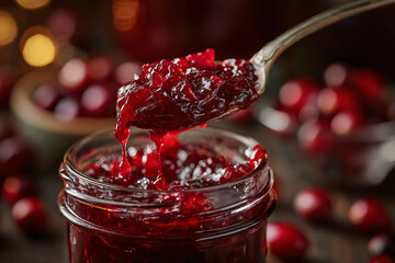 Cranberry sauce dripping from a spoon into a glass jar.
