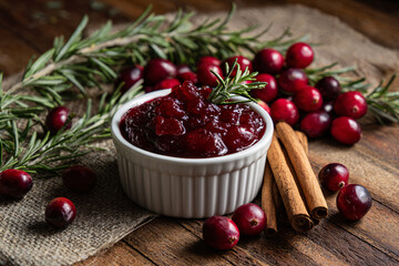 Cranberry sauce with cinnamon sticks and rosemary.
