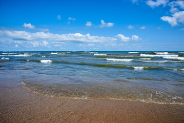 The coast of the Caspian Sea. The beach of the city of Derbent. Republic of Dagestan, Russia