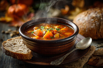 Homemade pumpkin soup served with fresh bread for a cozy autumn meal.