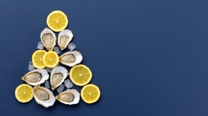 Christmas tree made of oysters and ice with lemon slices on dark blue background