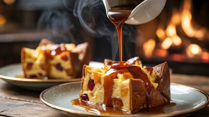 Warm Bread Pudding Cozy Fireplace Glow Caramel Sauce Indulgence