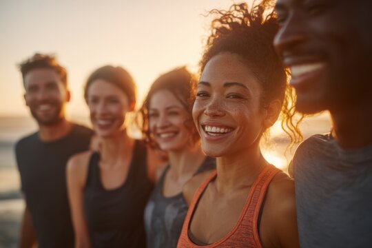 A group of smiling people doing activities on the beach. - Powered by Adobe