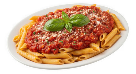 Penne pasta with tomato sauce, parmesan cheese and basil