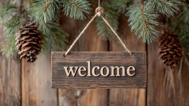 Rustic welcome sign on pine branches for seasonal home decor or event greeting