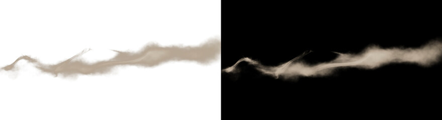 Fototapeta premium A dynamic trail of brown sand and dust particles blowing horizontally, presented as an isolated visual effect element on both a white and a black background
