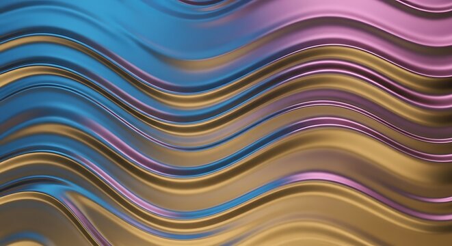 Abstract flowing waves with blue pink and gold hues create a dynamic and colorful background art design