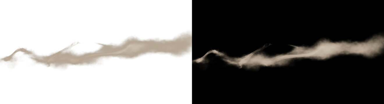 A dynamic trail of brown sand and dust particles blowing horizontally, presented as an isolated visual effect element on both a white and a black background