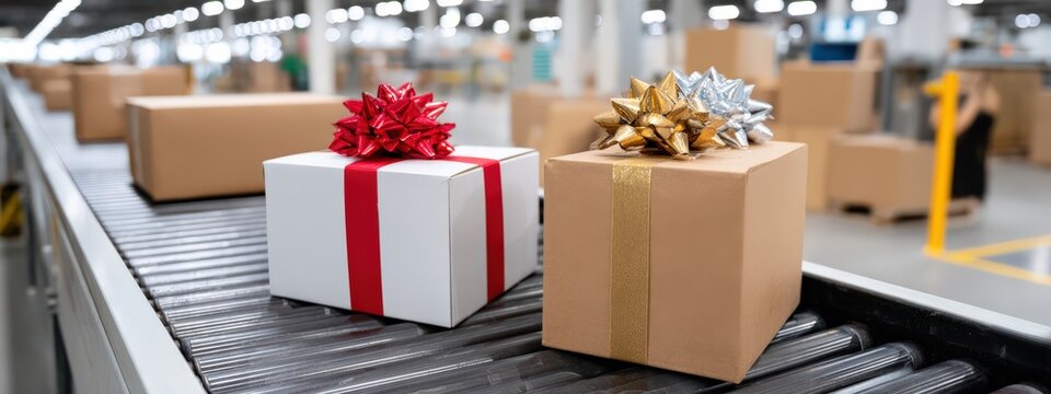 E-commerce warehouse interior with gift packages on conveyor belt