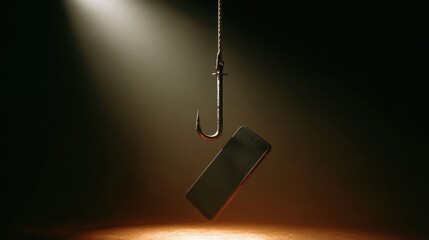An arresting image captures a smartphone impaled on a fishhook, creating an evocative metaphor. The lighting draws focus to the stark image. ..Created with Generative AI, not depicting real subjects.
