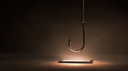 An illustrative shot, metaphorically portrays the concept of phishing and the dangers of online scams. A solitary fish hook. ..Created with Generative AI, not depicting real subjects.