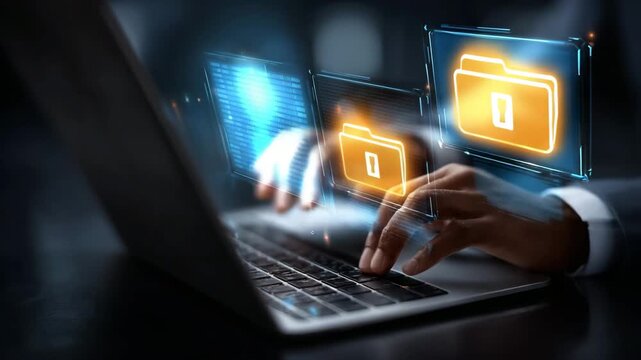 Businessman using a laptop with digital data and folder icons overlayed on the screen