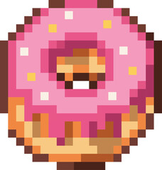 A cute pixel art donut with bright pink frosting, colorful sprinkles, and a warm golden base. The retro 8 bit style gives it a charming, nostalgic video game feel.