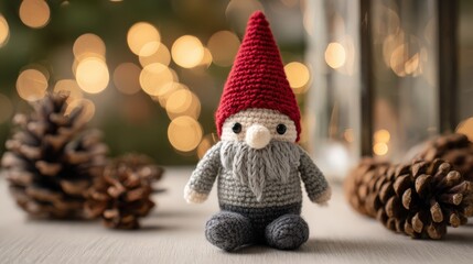 Cute hand crocheted amigurumi gnome toy decor on white table for holiday decoration