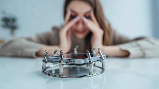A stressed woman is in the face of technology, grappling with the burdens of digital dependency in a modern setting. ..Created with Generative AI, not depicting real subjects.