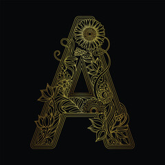 Luxury Floral Letter A Monogram, Elegant Golden Decorative Alphabet with Ornamental Flowers and Leaves