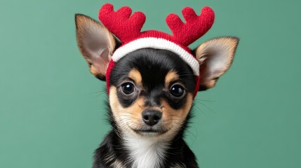 Adorable chihuahua puppy with festive antlers on green background for christmas