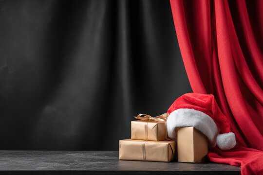 Elegant christmas theme with red curtain and gift boxes for festive decoration
